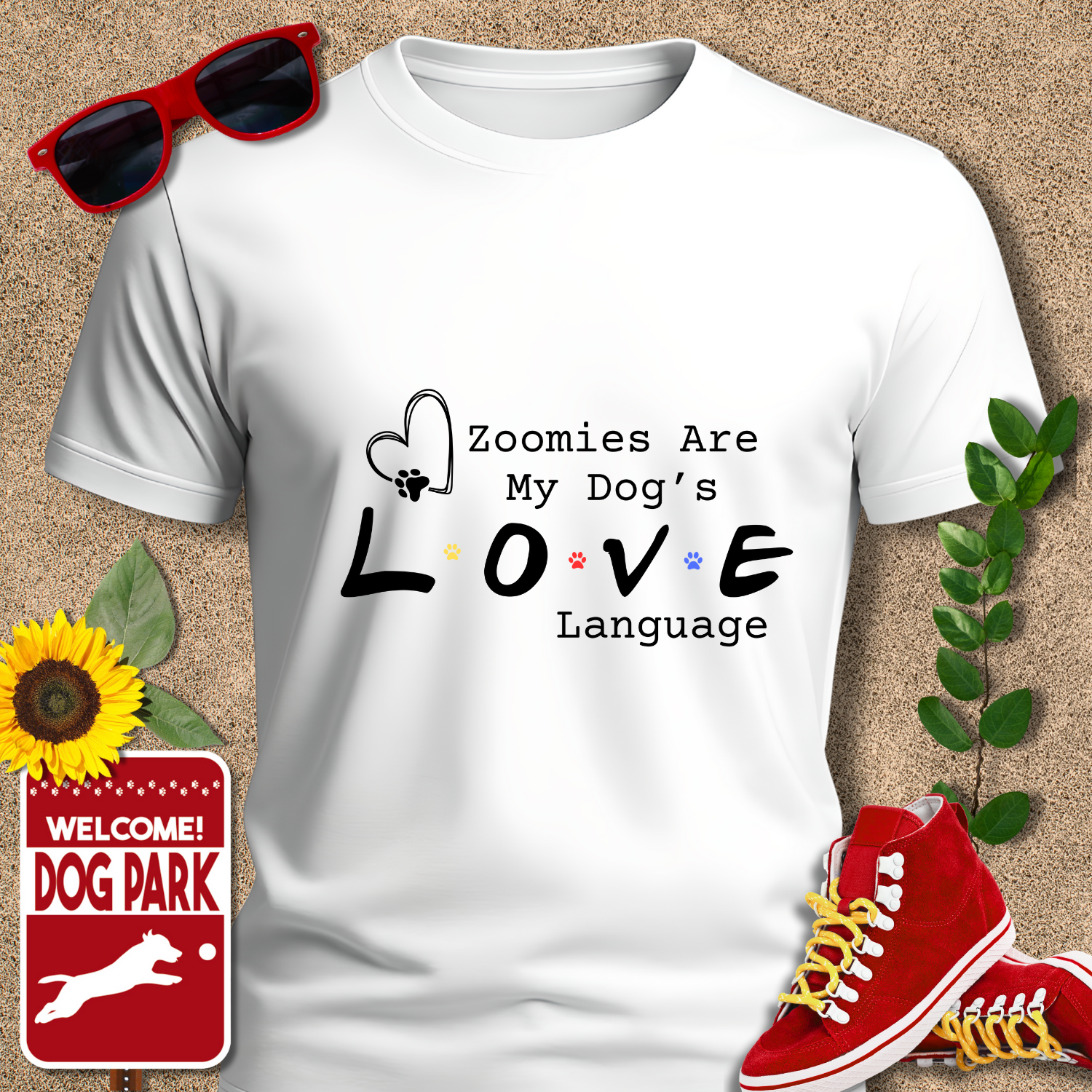 White t-shirt with 'Zoomies Are My Dog's Love Language' text, surrounded by sunglasses, sneakers, a sunflower, and a 'Welcome to the Dog Park' sign.