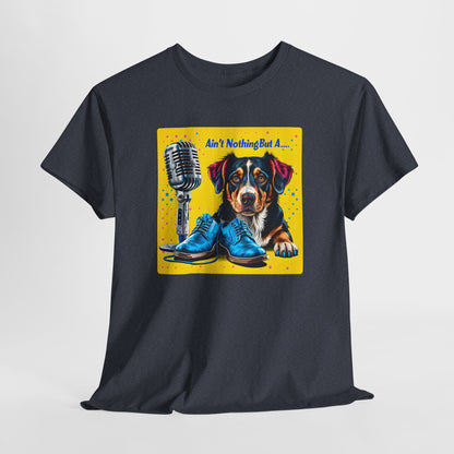 Heather Navy dog love tshirte with a colorful graphic of a dog, shoes, and microphone on a white background