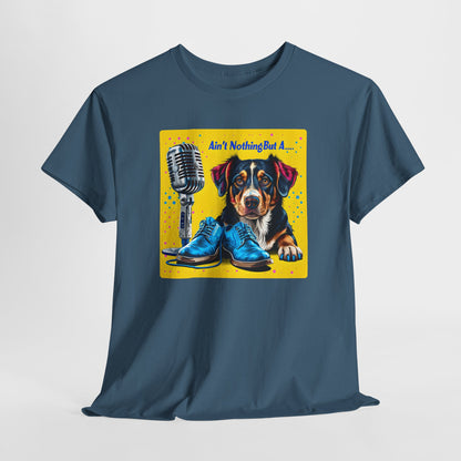 Indigo blue dog love tshirte with a dog and microphone graphic on a white background