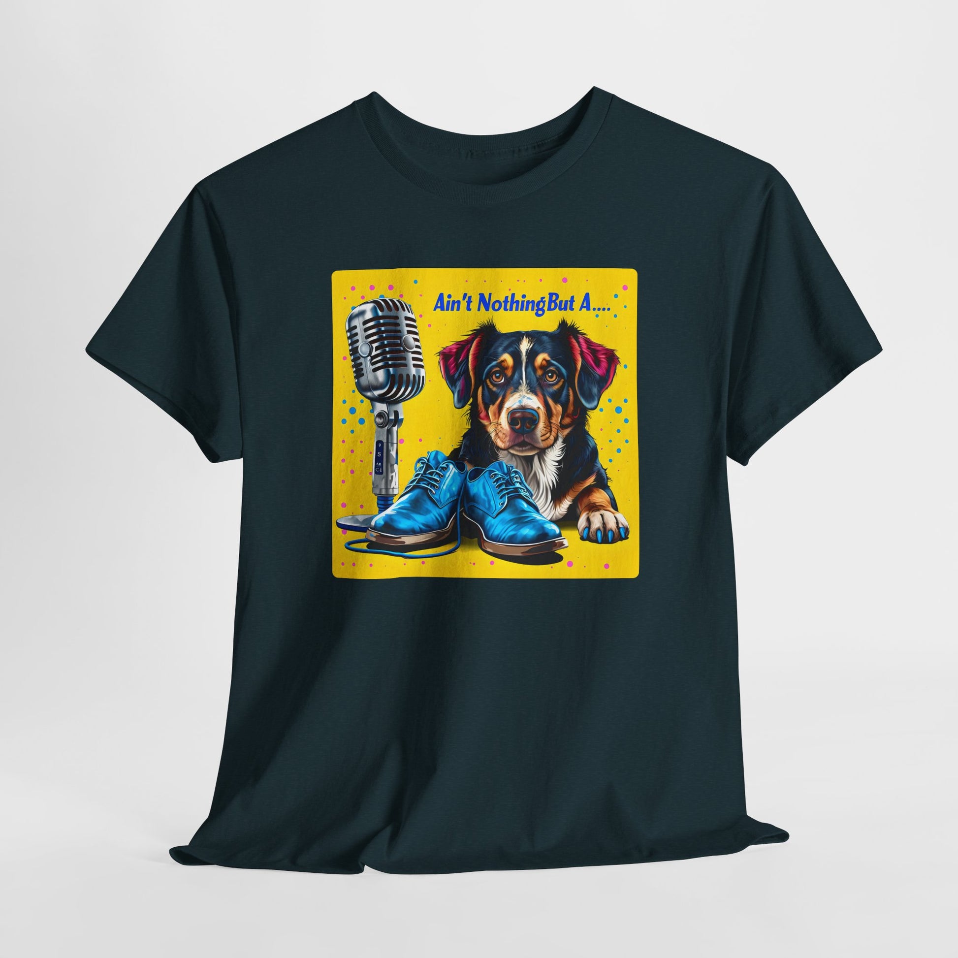 Midnight dog love tshirte with a colorful graphic of a dog, shoes, and microphone on a white background