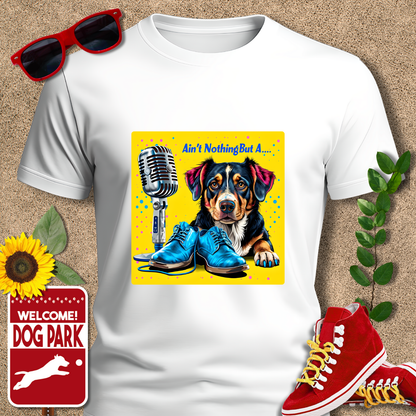 White dog love tshirte with a dog graphic and text on a textured beige background