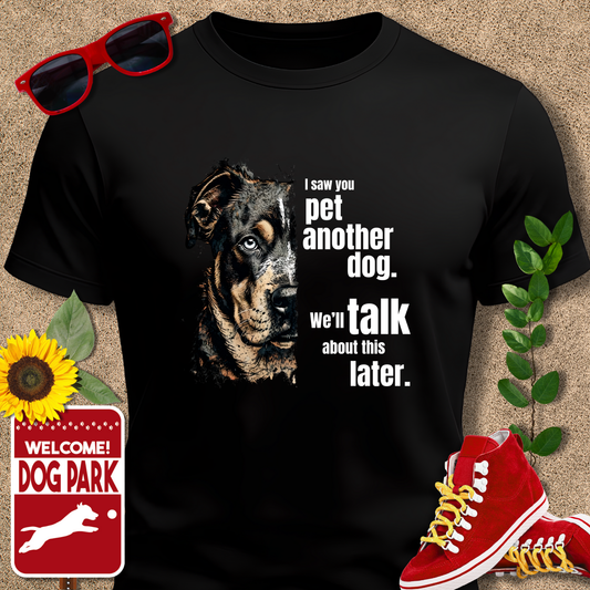 Funny Dog Shirts I Saw You, Talk Later in Black with dog graphic and text, sunglasses, red sneakers, sunflower, and 'Welcome to the Dog Park' sign on a beige background.