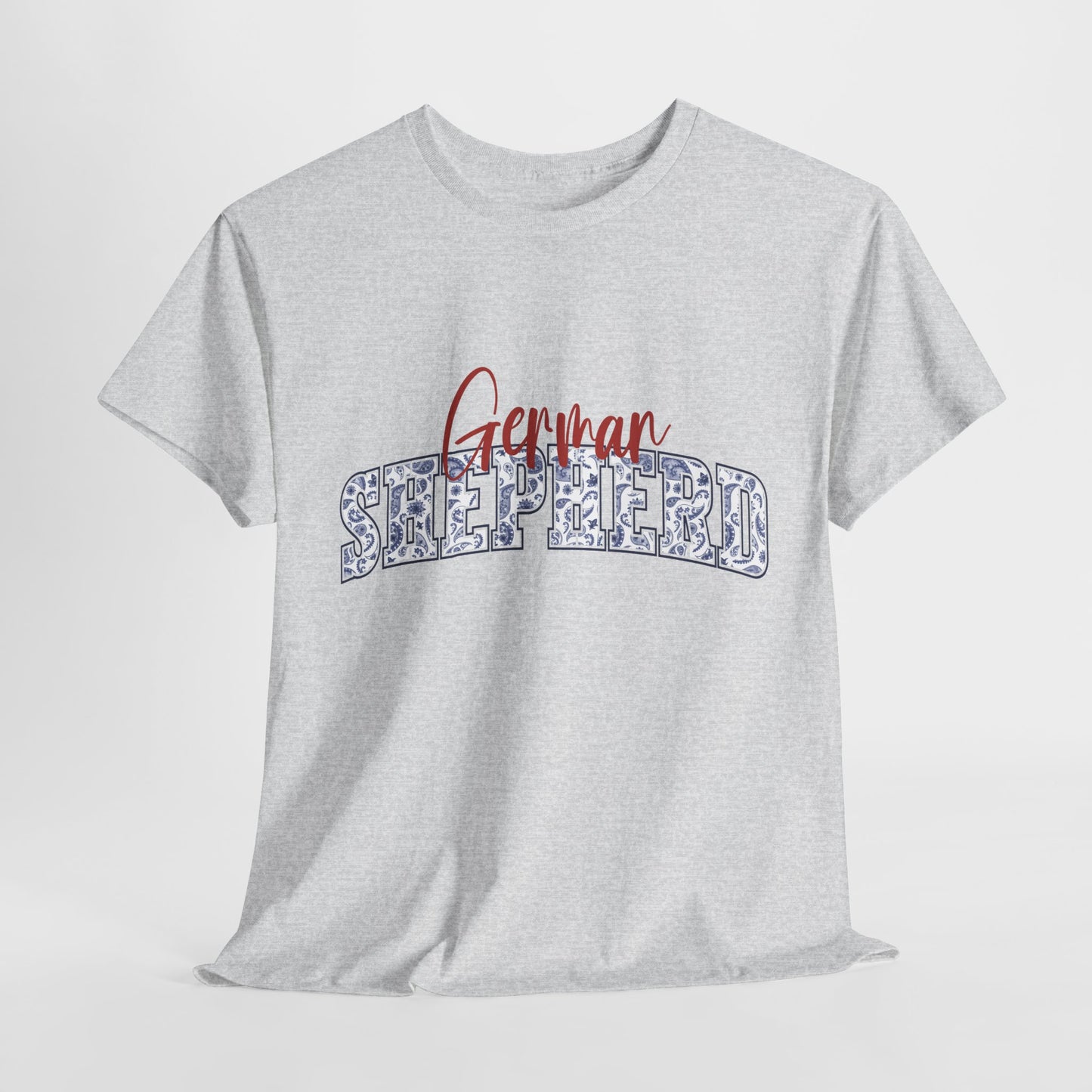 German Shepherd Tshirt with varsity and script lettering in ash