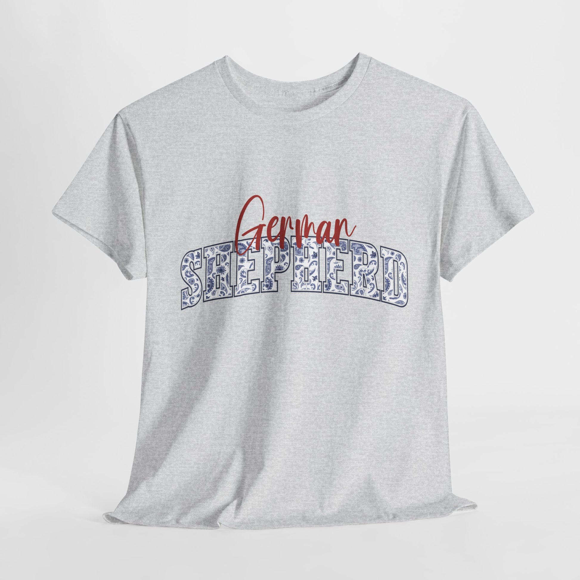 German Shepherd Tshirt with varsity and script lettering in ash