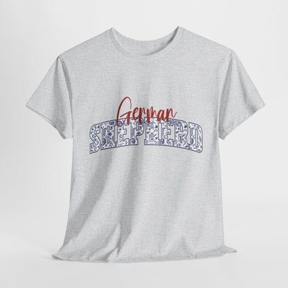 German Shepherd Tshirt with varsity and script lettering in ash