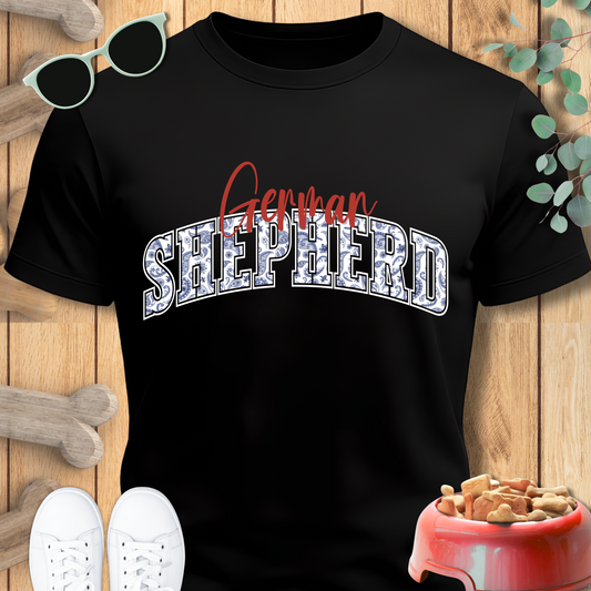 German Shepherd Tshirt with varsity and script lettering in black