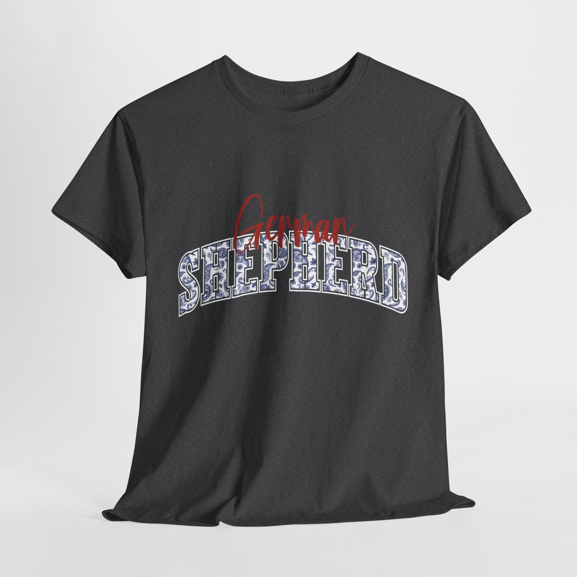 German Shepherd Tshirt with varsity and script lettering in dark heather