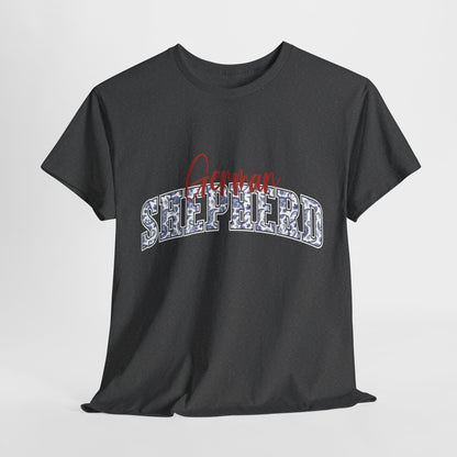 German Shepherd Tshirt with varsity and script lettering in dark heather