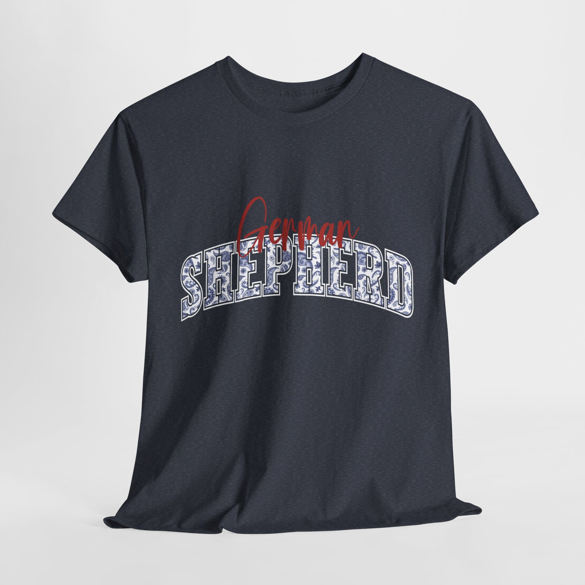 German Shepherd Tshirt with varsity and script lettering in heather navy