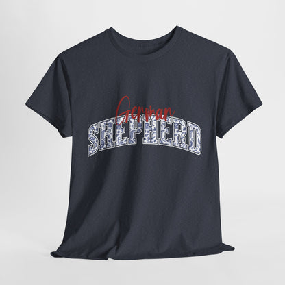 German Shepherd Tshirt with varsity and script lettering in heather navy