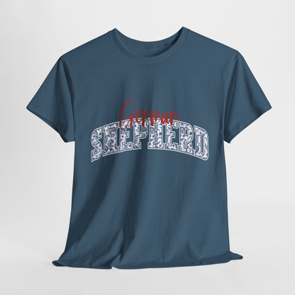 German Shepherd Tshirt with varsity and script lettering in indigo blue