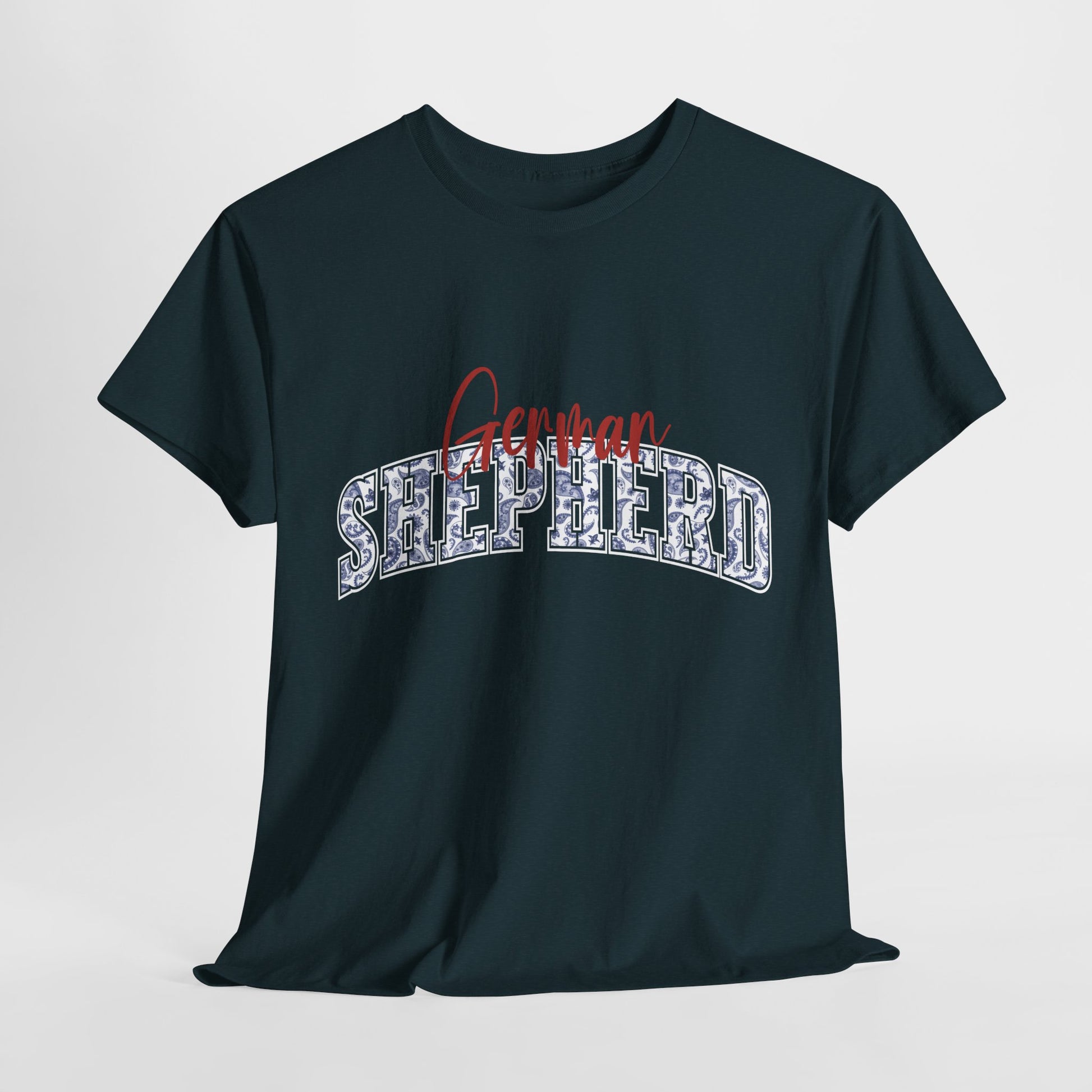 German Shepherd Tshirt with varsity and script lettering in midnight