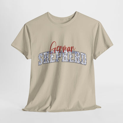 German Shepherd Tshirt with varsity and script lettering in sand