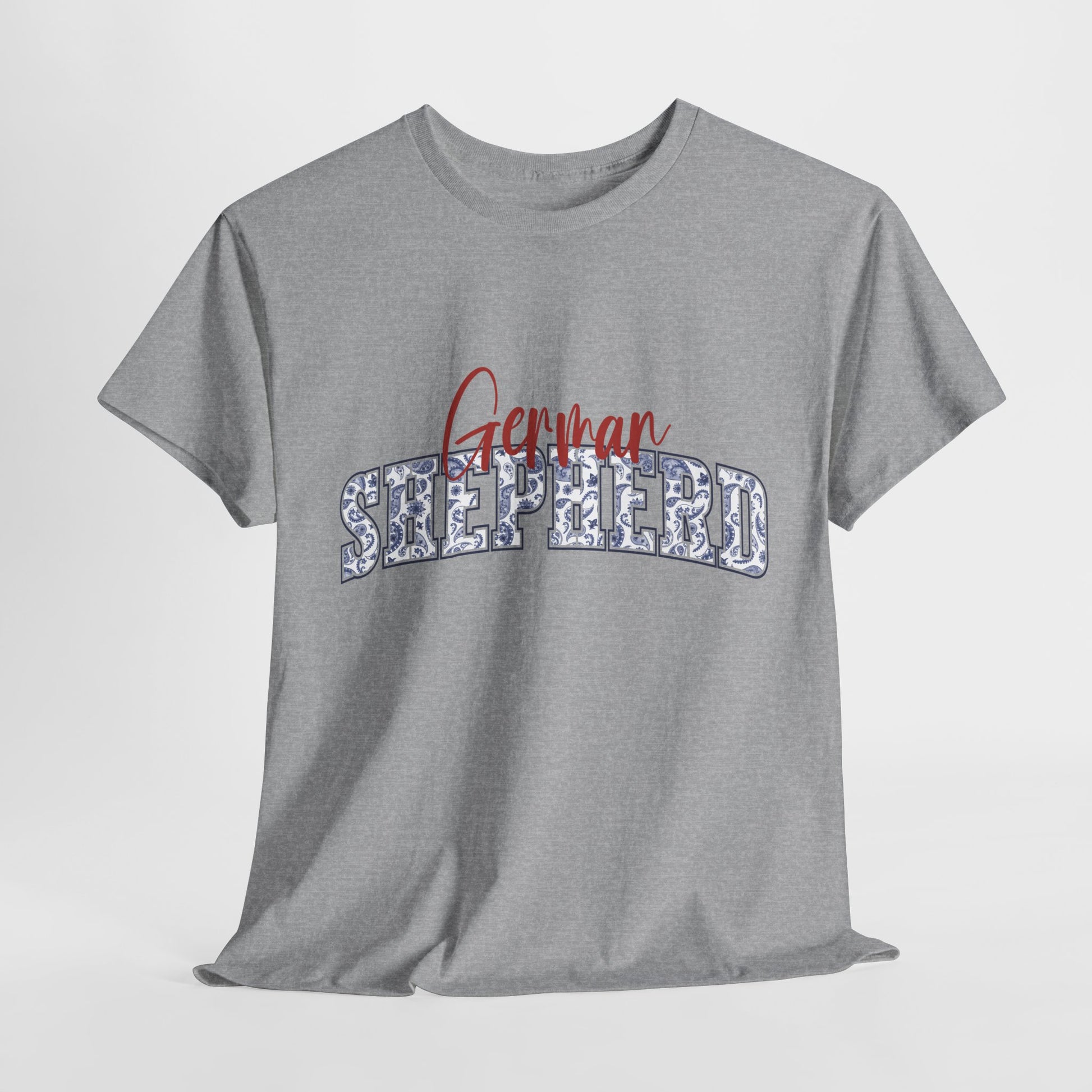German Shepherd Tshirt with varsity and script lettering in sport gray
