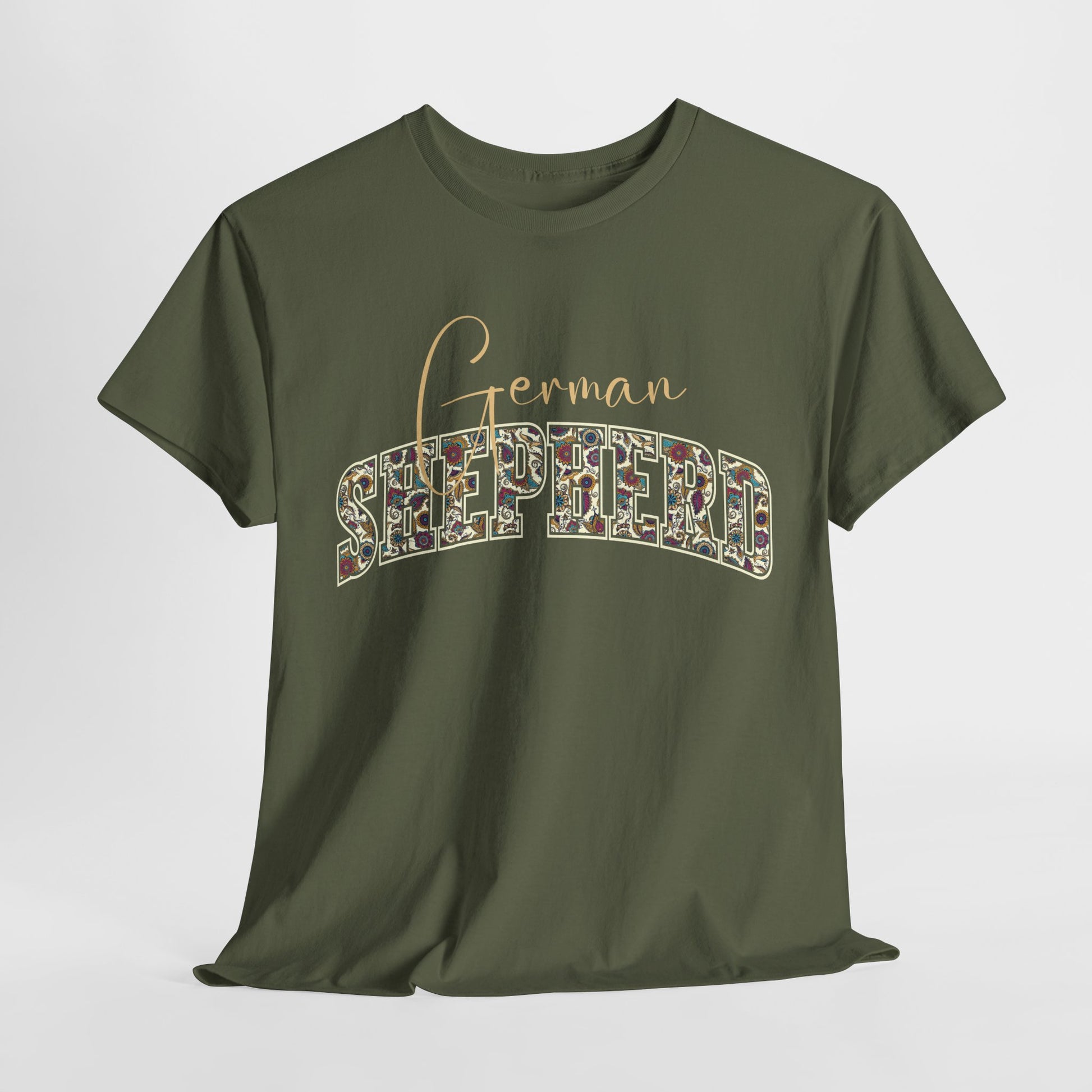 German shepherd tshirt in paisley design in military green