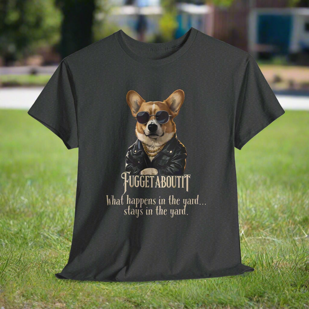 Graphite Heather corgi tshirt with a dog graphic and text on a white background