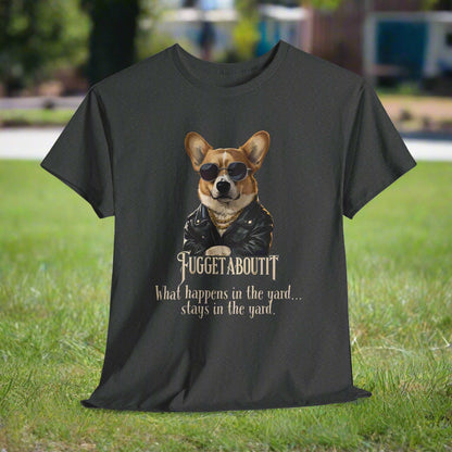 Graphite Heather corgi tshirt with a dog graphic and text on a white background