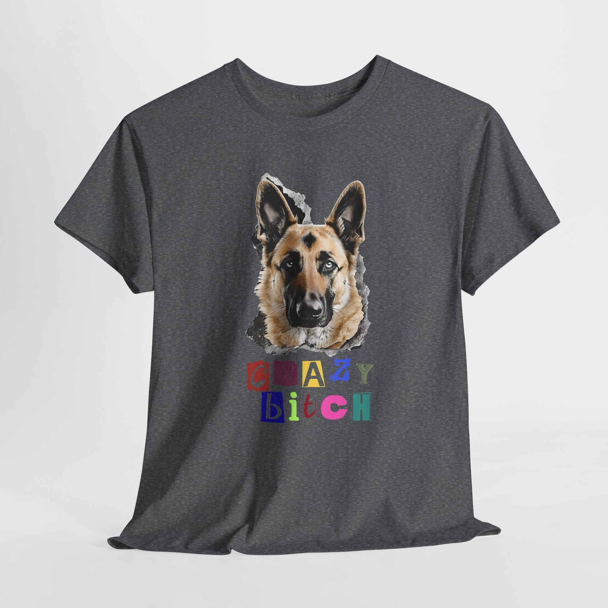 Gray t-shirt with a dog graphic and colorful text on a white background