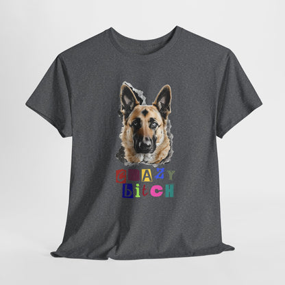 Gray t-shirt with a dog graphic and colorful text on a white background