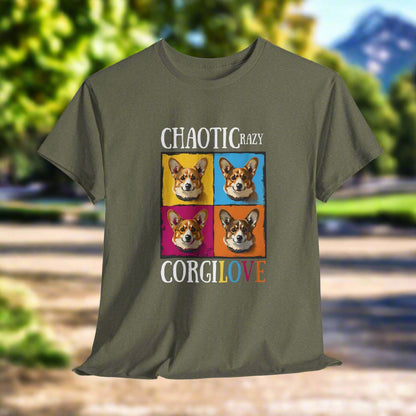 Green t-shirt with colorful corgi graphic and text on a white background