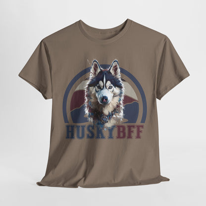 HUSKY DOG T SHIRT with HUSKY BFF text in brown savana