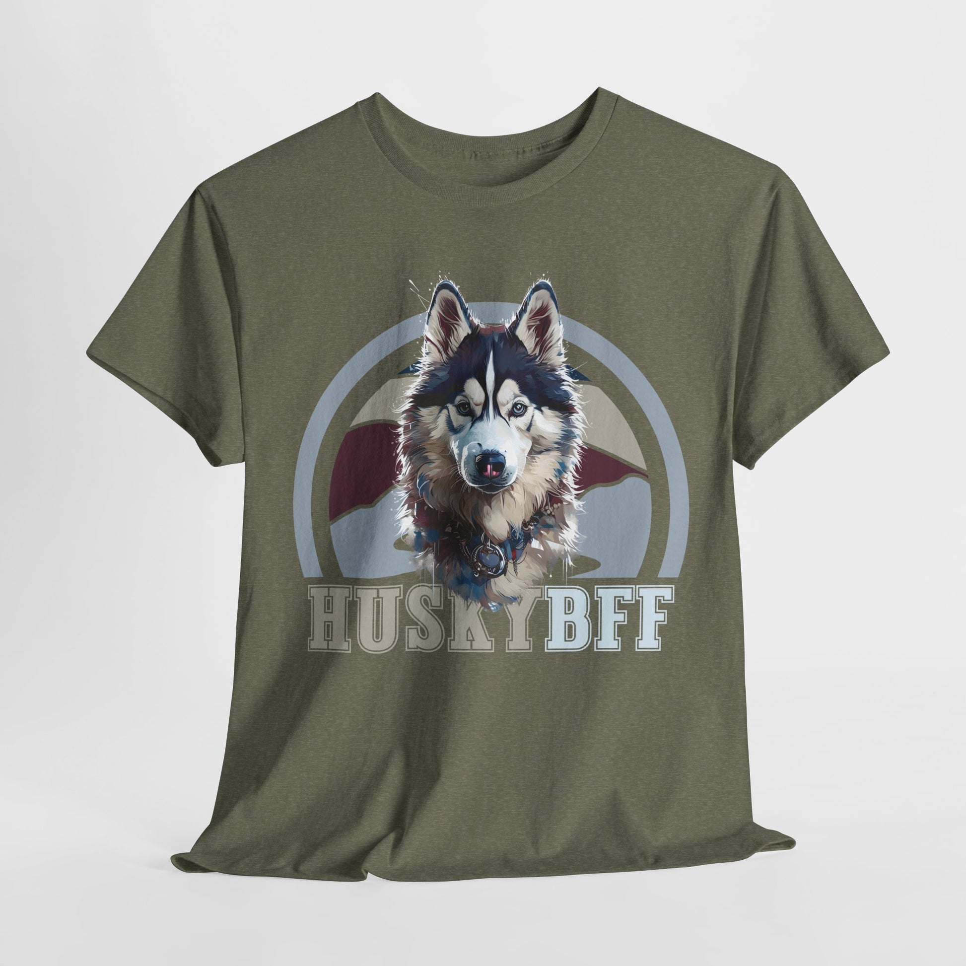 HUSKY DOG T SHIRT with HUSKY BFF text in heather military green