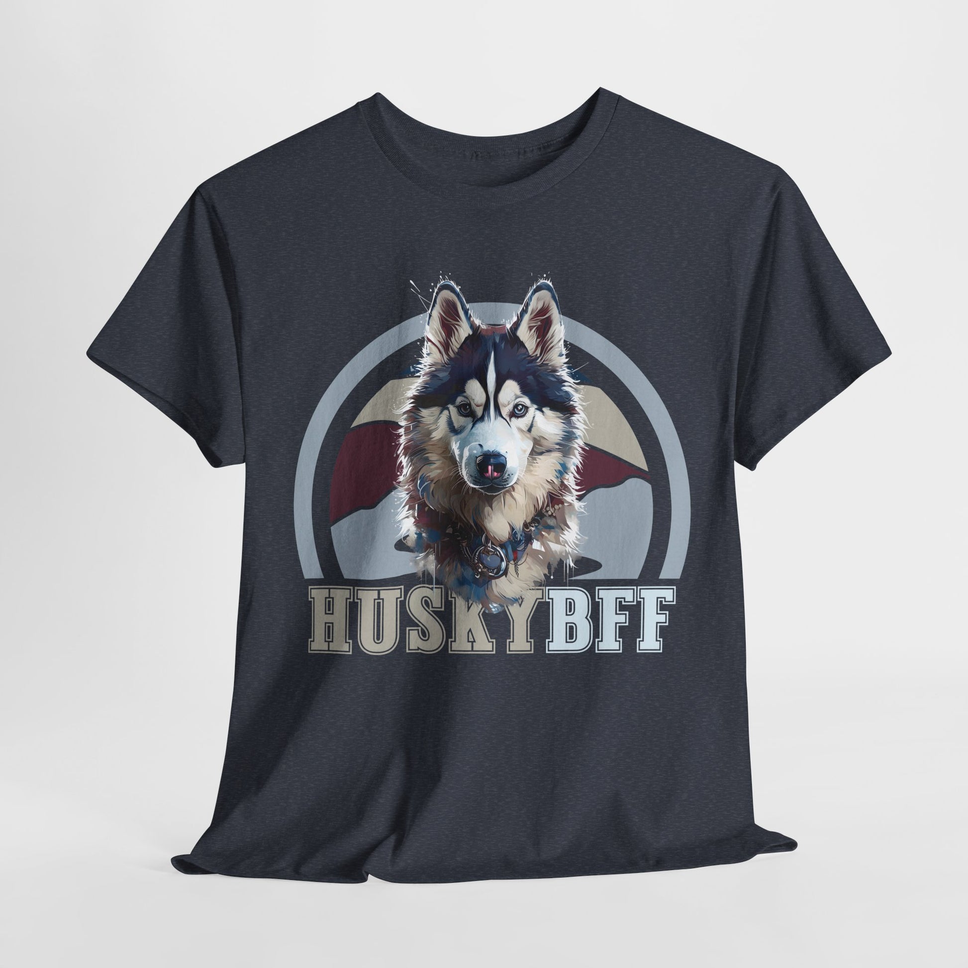 HUSKY DOG T SHIRT with HUSKY BFF text in heather navy