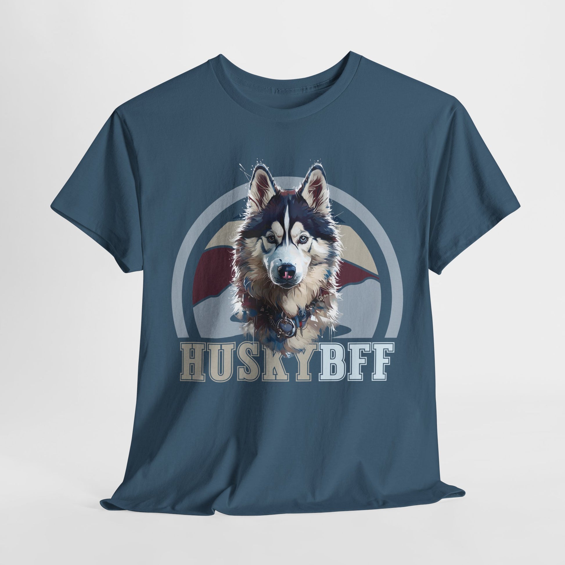 HUSKY DOG T SHIRT with HUSKY BFF text in indigo blue