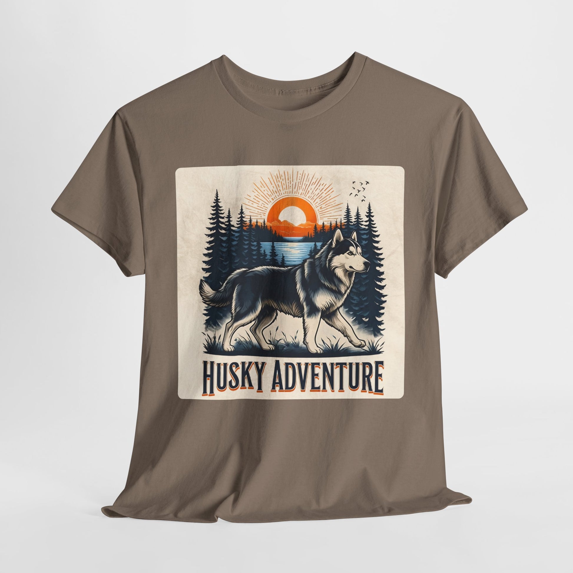 HUSKY DOG T SHIRT with HUSKY Lake Graphic in brown savana