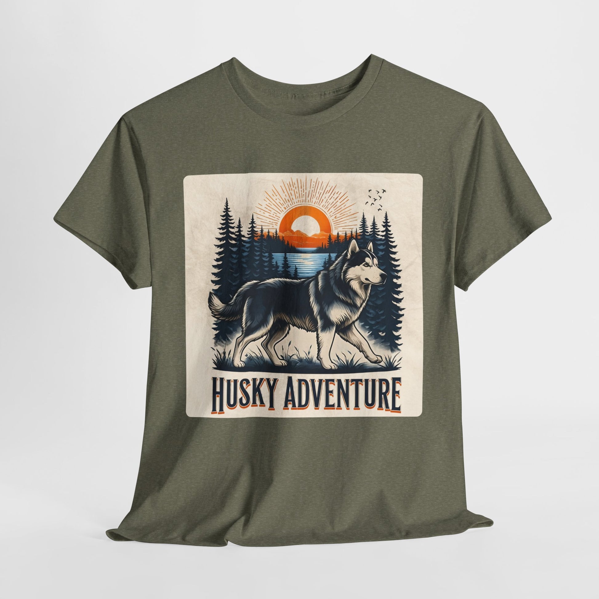 HUSKY DOG T SHIRT with HUSKY Lake Graphic in heather military green