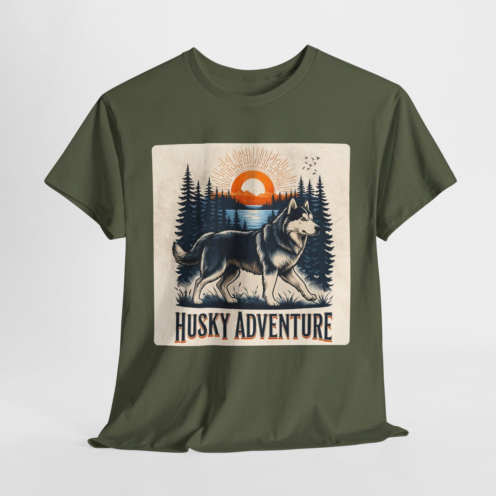 HUSKY DOG T SHIRT with HUSKY Lake Graphic in military green