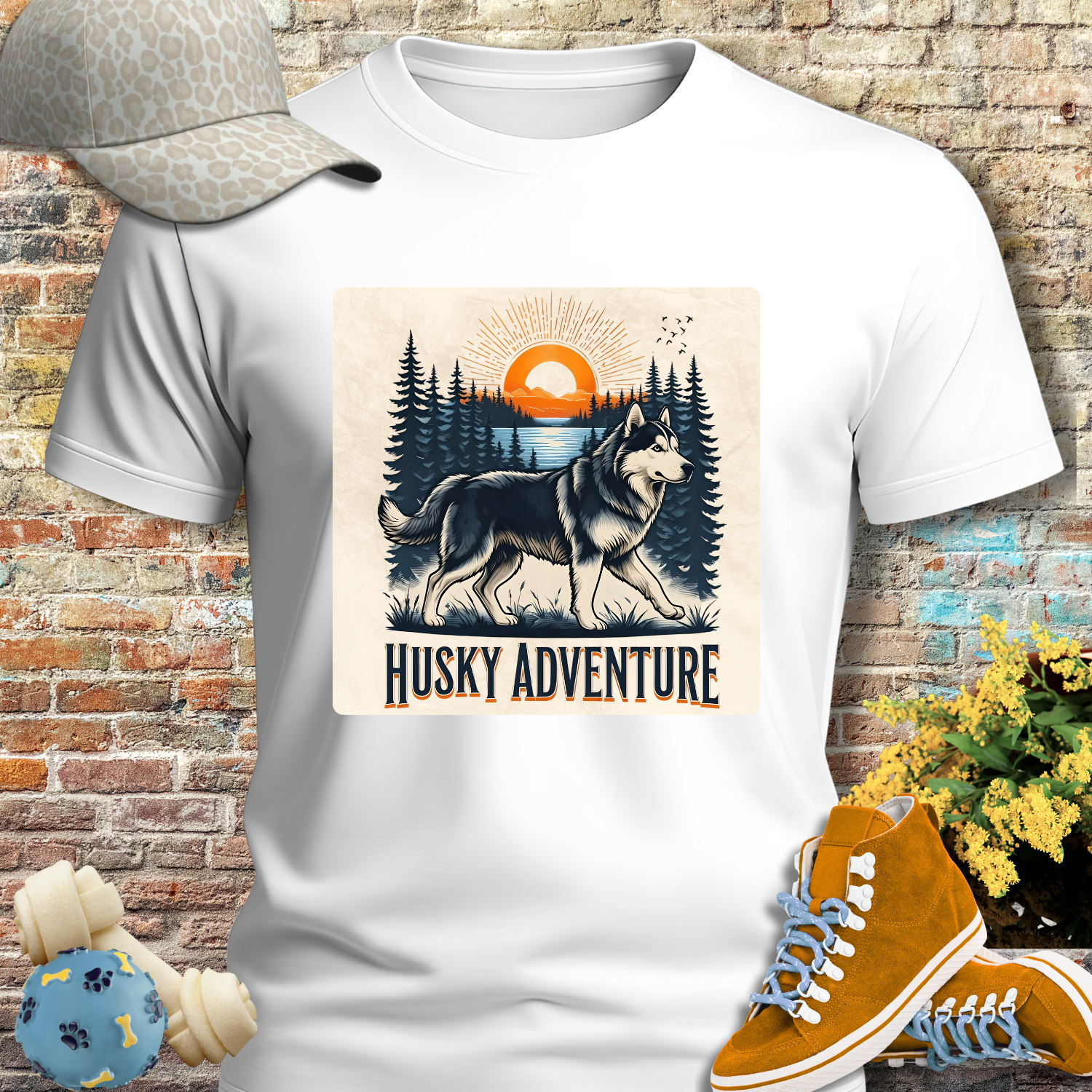 HUSKY DOG T SHIRT with HUSKY Lake Graphic in white