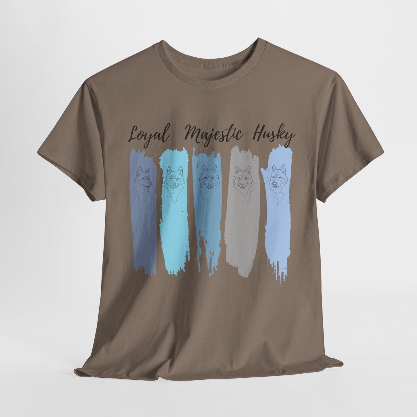 HUSKY DOG T SHIRT with text Loyal Majestic Husky in brown savana