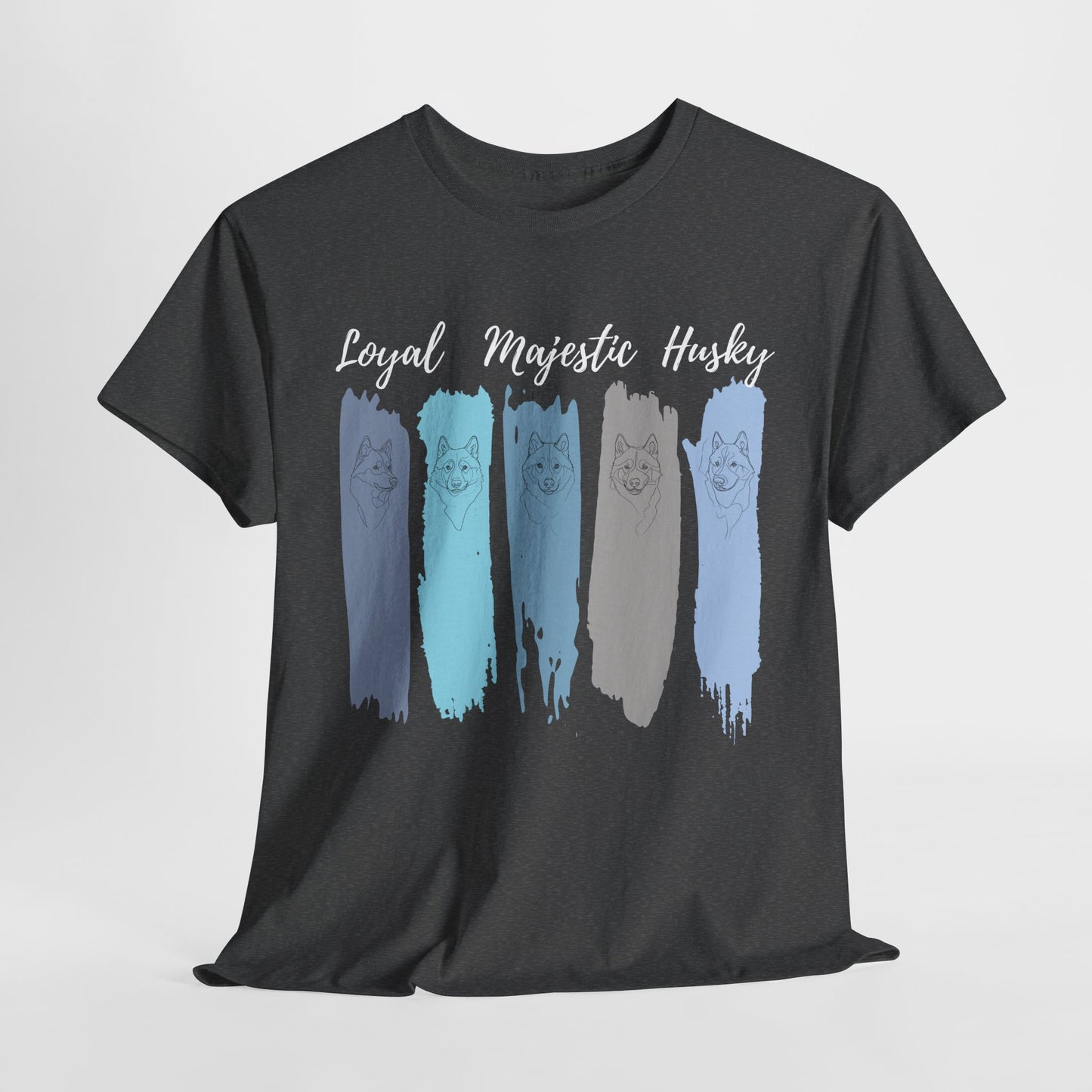 HUSKY DOG T SHIRT with text Loyal Majestic Husky in dark heather