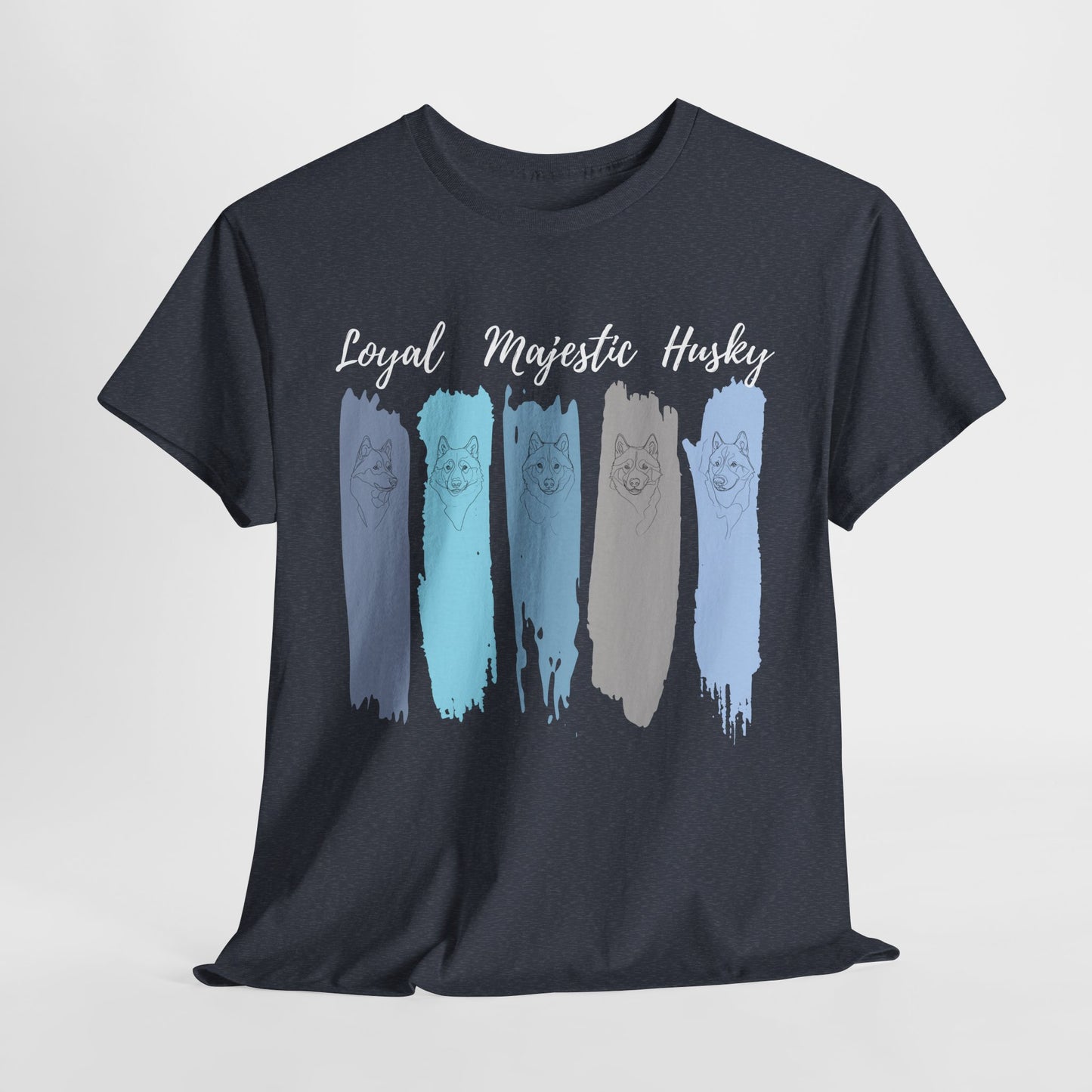 HUSKY DOG T SHIRT with text Loyal Majestic Husky in heather navy
