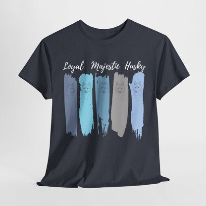 HUSKY DOG T SHIRT with text Loyal Majestic Husky in heather navy
