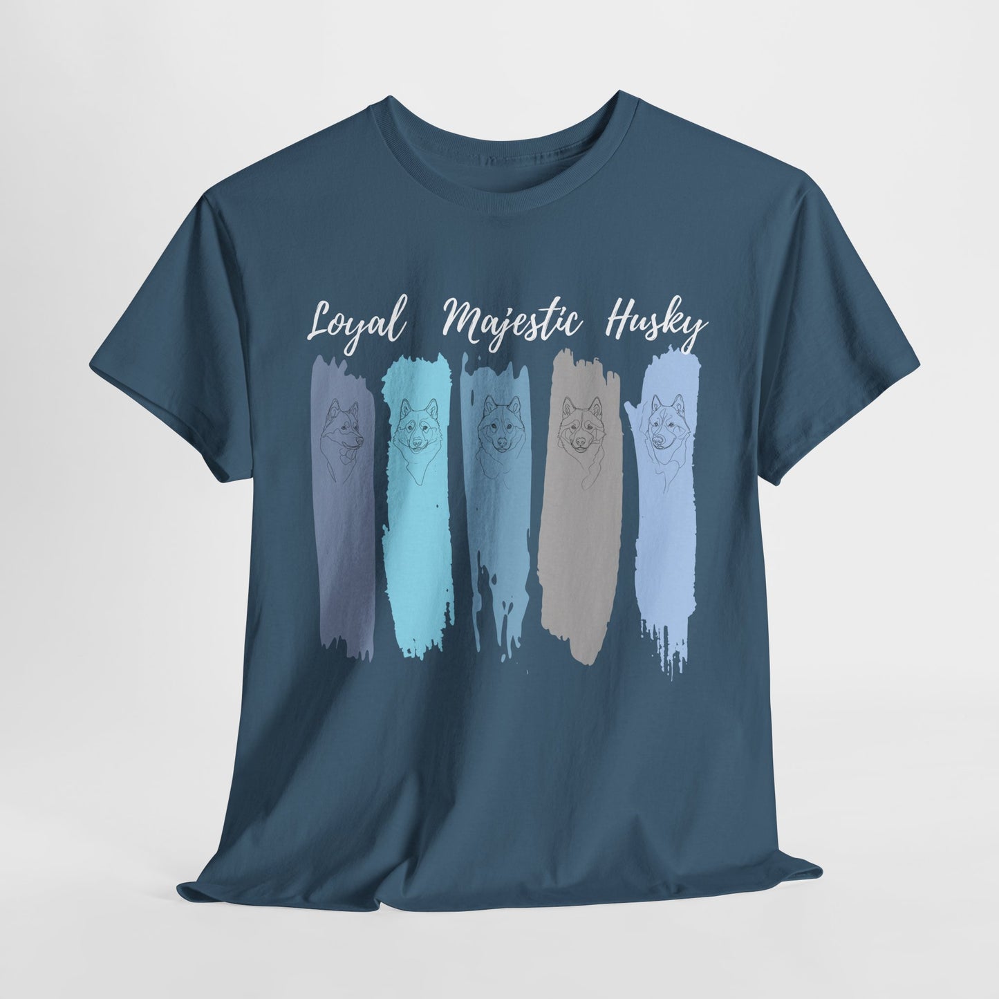 HUSKY DOG T SHIRT with text Loyal Majestic Husky in indigo blue