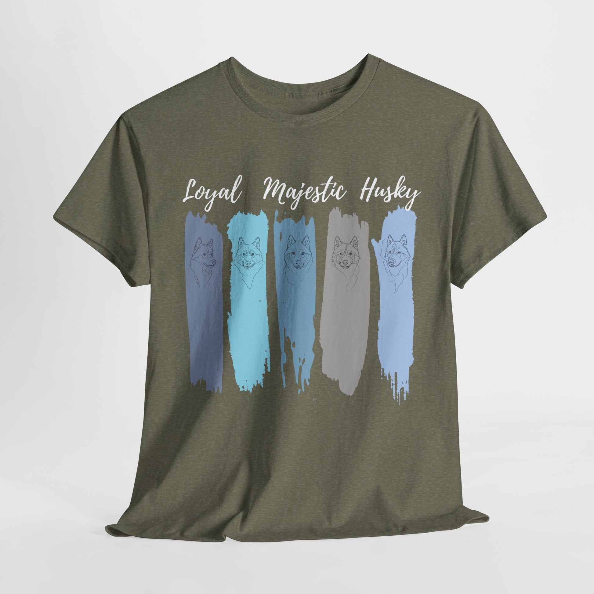 HUSKY DOG T SHIRT with text Loyal Majestic Husky in heather military green