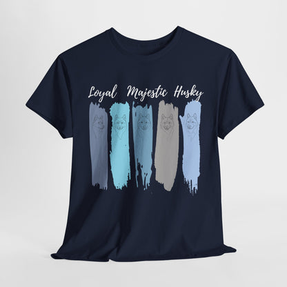 HUSKY DOG T SHIRT with text Loyal Majestic Husky in navy