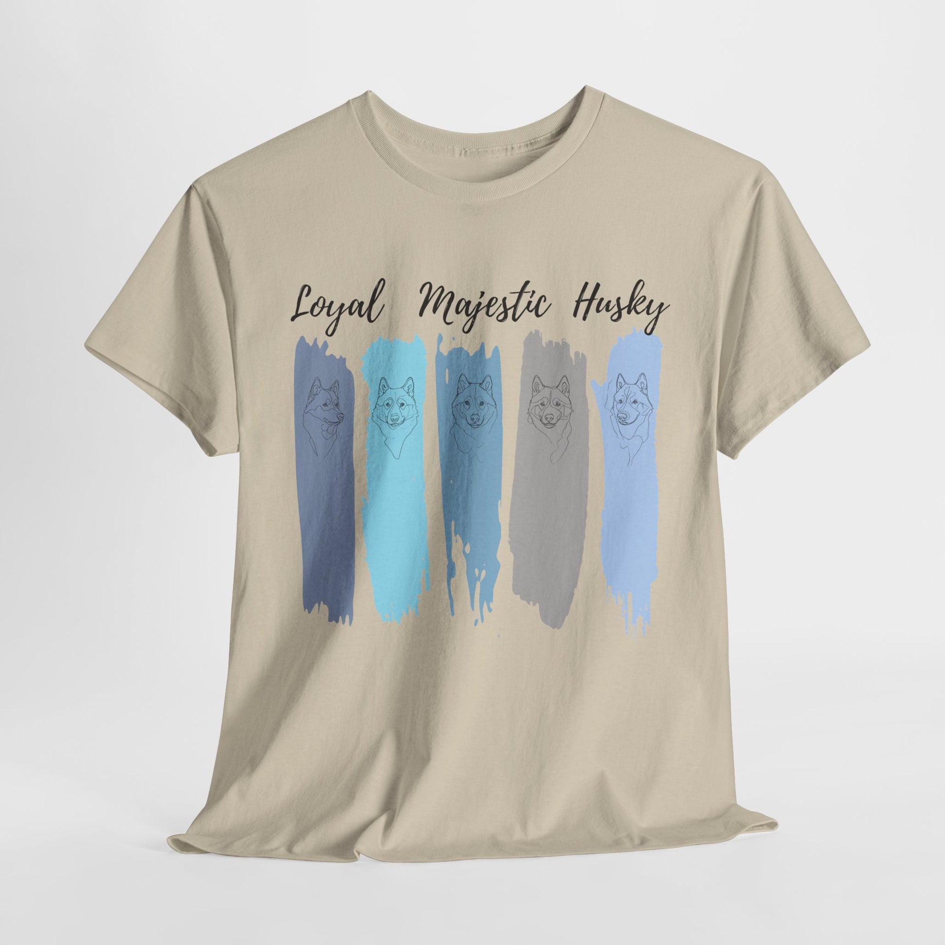 HUSKY DOG T SHIRT with text Loyal Majestic Husky in sand