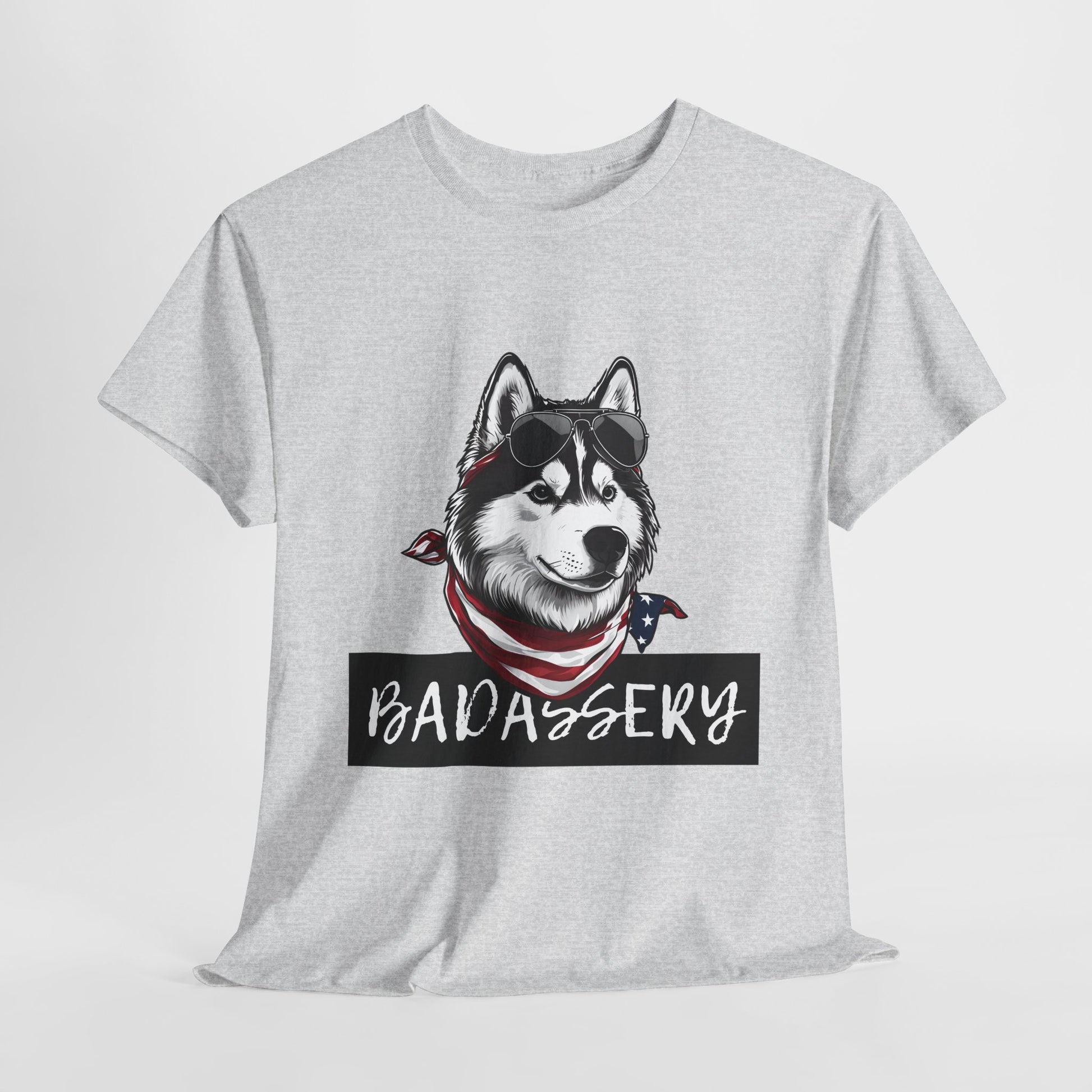 HUSKY T SHIRT with HUSKY DOG Badassery graphic in ash