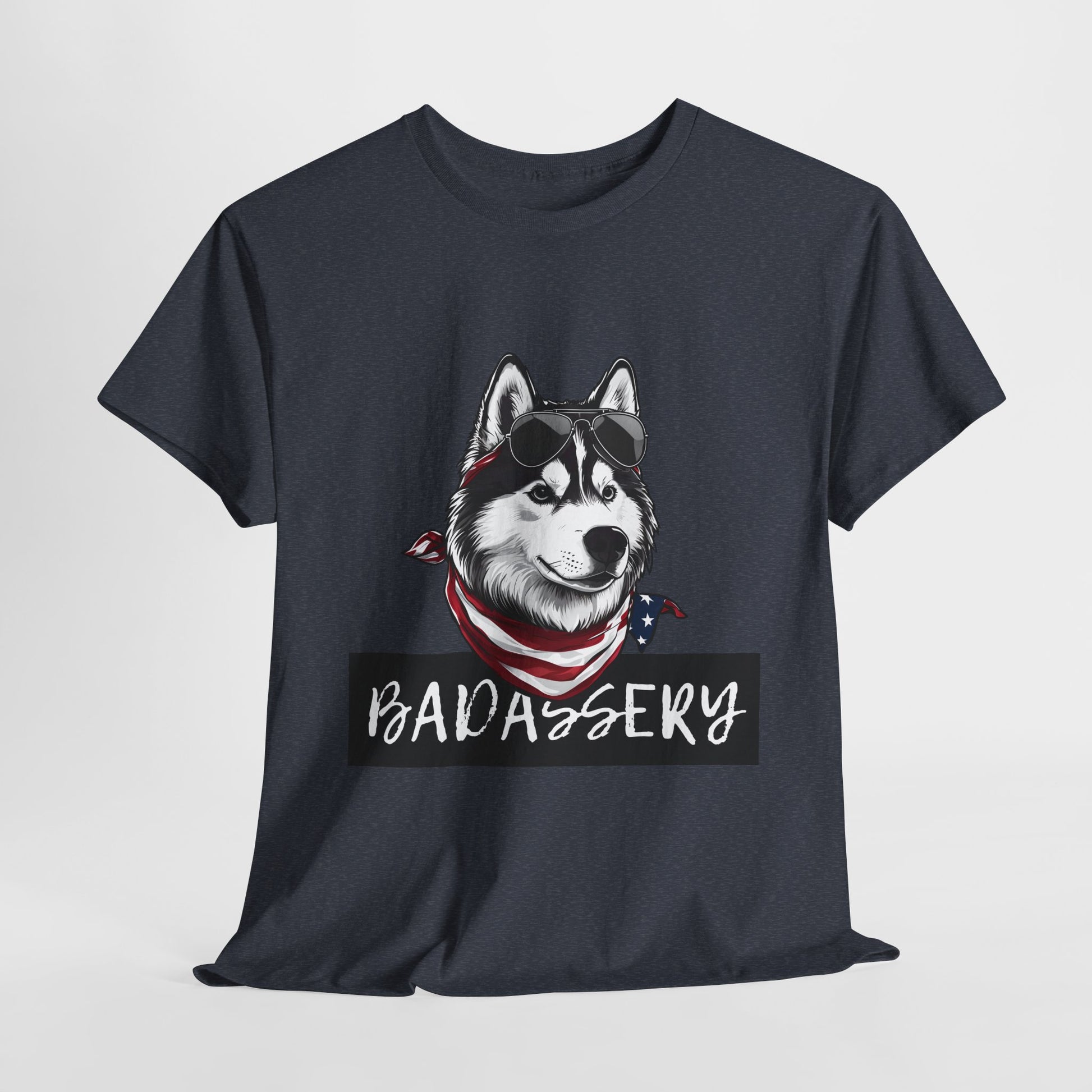 HUSKY T SHIRT with HUSKY DOG Badassery graphic in dark heather