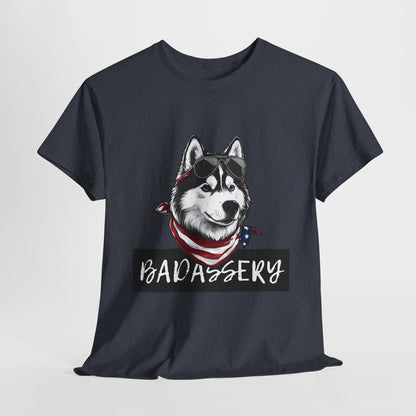 HUSKY T SHIRT with HUSKY DOG Badassery graphic in dark heather