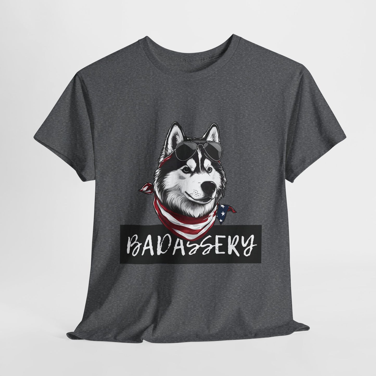 HUSKY T SHIRT with HUSKY DOG Badassery graphic in graphite heather