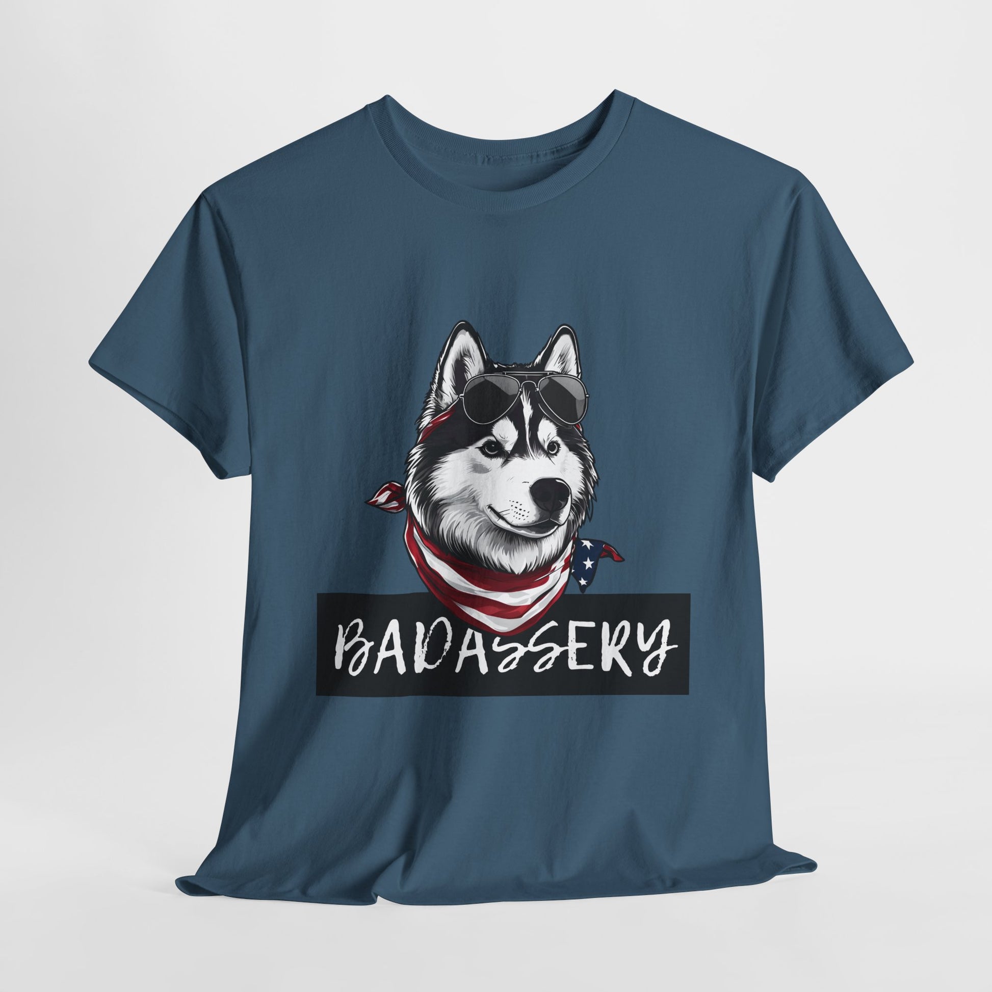 HUSKY T SHIRT with HUSKY DOG Badassery graphic in indigo blue
