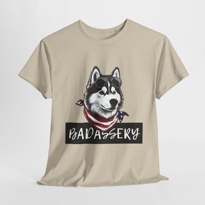 HUSKY T SHIRT with HUSKY DOG Badassery graphic in sand