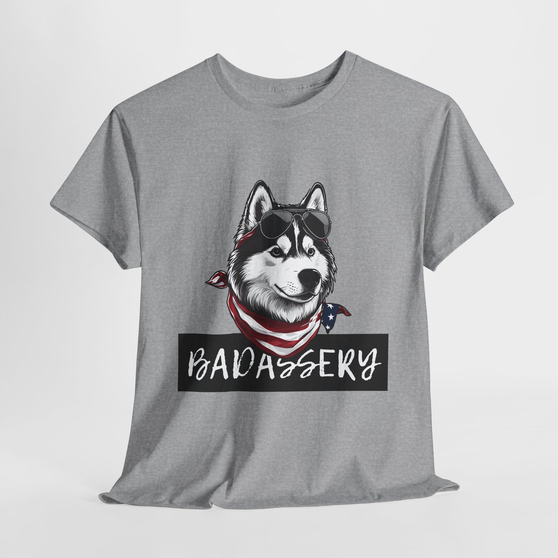 HUSKY T SHIRT with HUSKY DOG Badassery graphic in sport gray