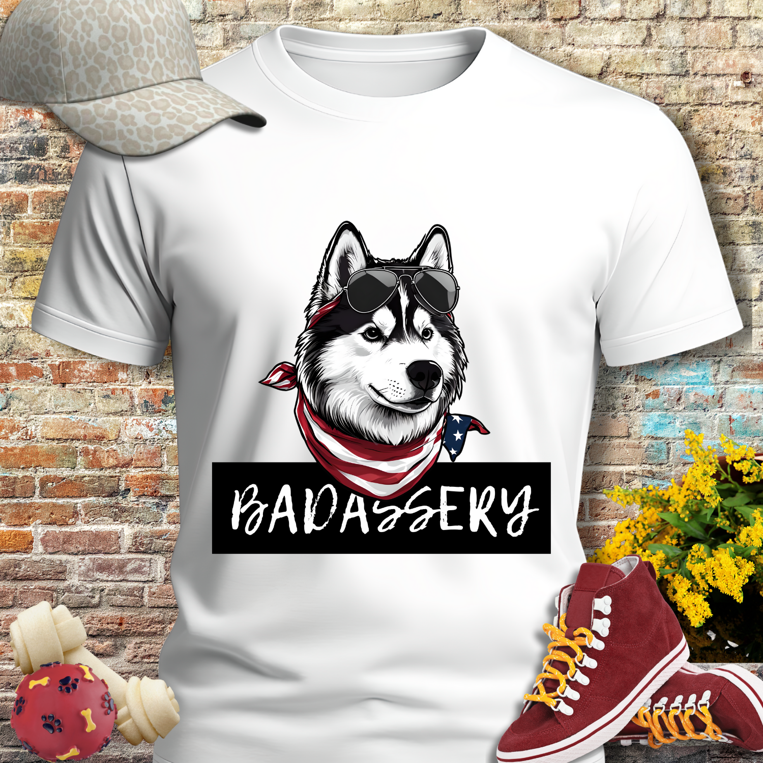 HUSKY T SHIRT with HUSKY DOG Badassery graphic in white