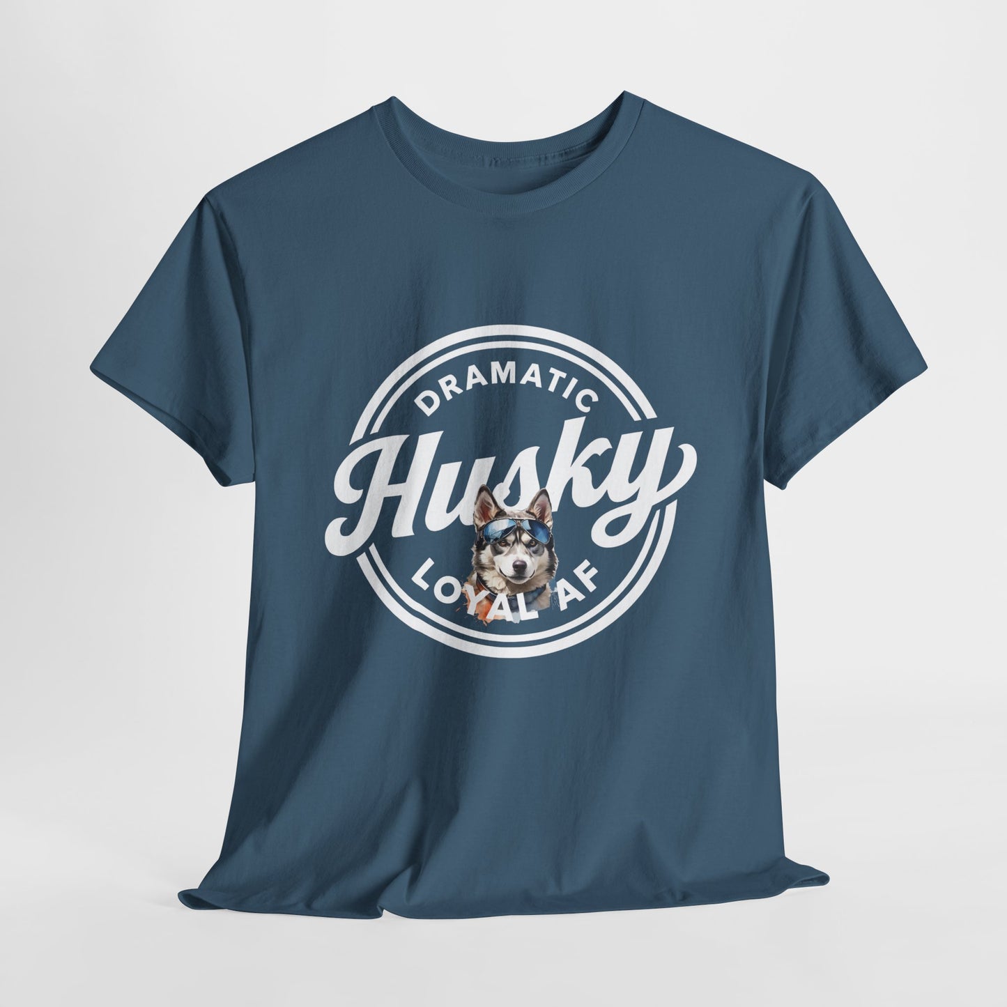 HUSKY T SHIRT with circle graphic, text Dramatic Loyal AF in indigo blue