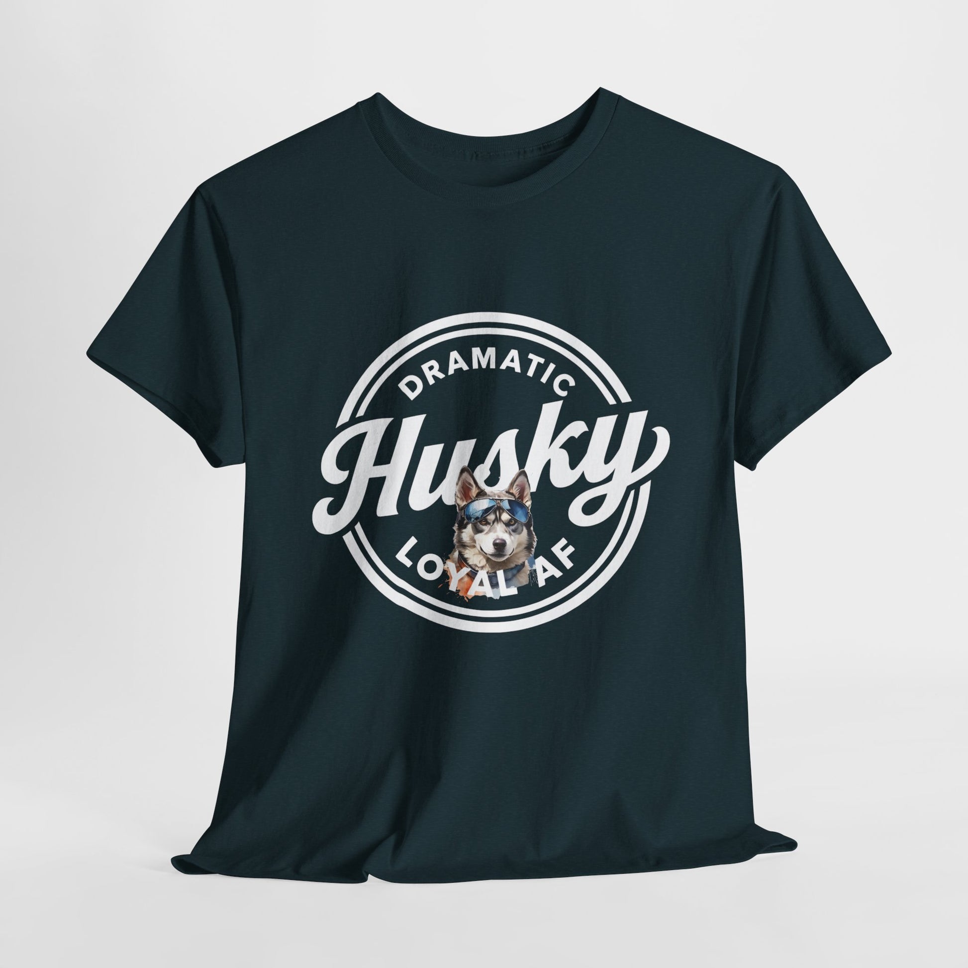 HUSKY T SHIRT with circle graphic, text Dramatic Loyal AF in midnight